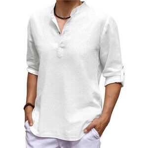 Casual Henley Long Sleeve Beach Shirt Men Cotton Linen